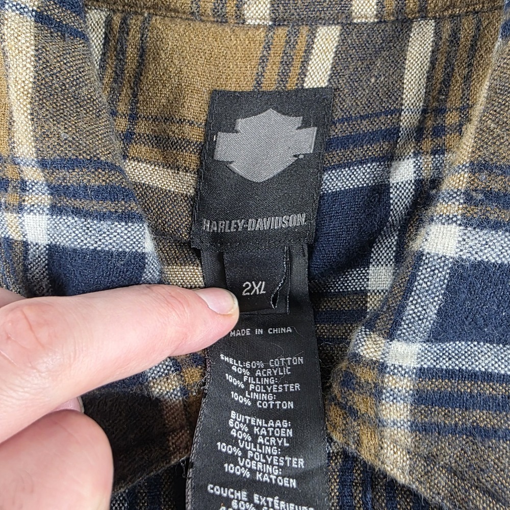 Harley Davidson Quilted Flannel Shirt Jacket Shacket Blue Tan Plaid Biker XXL - Picture 4 of 10